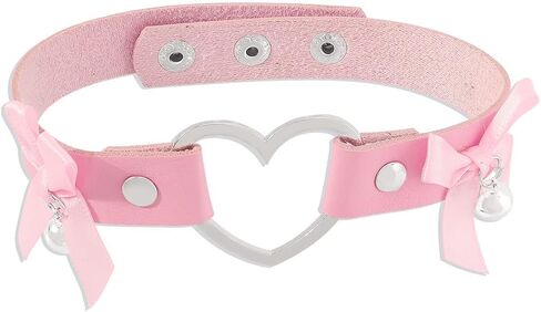 Gothic Leather Heart Choker Necklace Bell Bow-knot Pendant Choker Punk Collar Necklace Hollow Heart Statement Necklace for Women (Purple) in Kuwait