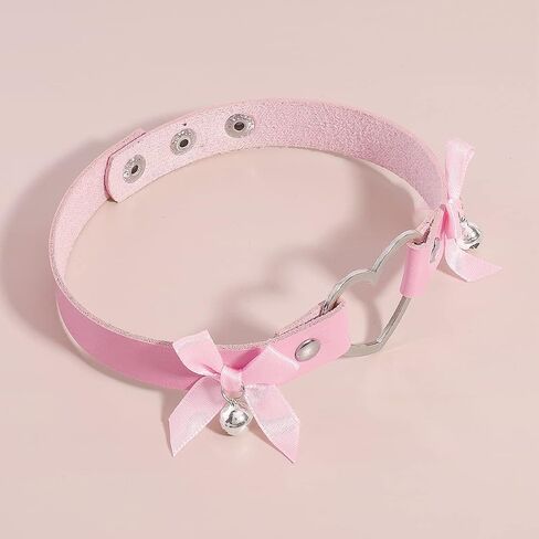 Gothic Leather Heart Choker Necklace Bell Bow-knot Pendant Choker Punk Collar Necklace Hollow Heart Statement Necklace for Women (Purple) in Kuwait