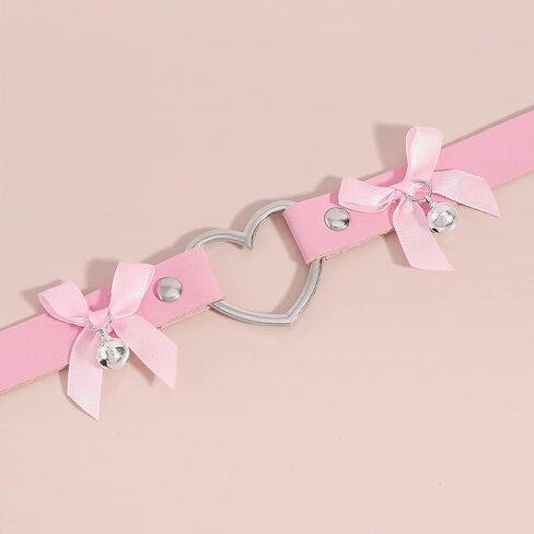 Gothic Leather Heart Choker Necklace Bell Bow-knot Pendant Choker Punk Collar Necklace Hollow Heart Statement Necklace for Women (Purple) in Kuwait