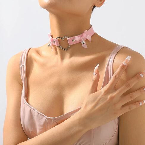 Gothic Leather Heart Choker Necklace Bell Bow-knot Pendant Choker Punk Collar Necklace Hollow Heart Statement Necklace for Women (Purple) in Kuwait