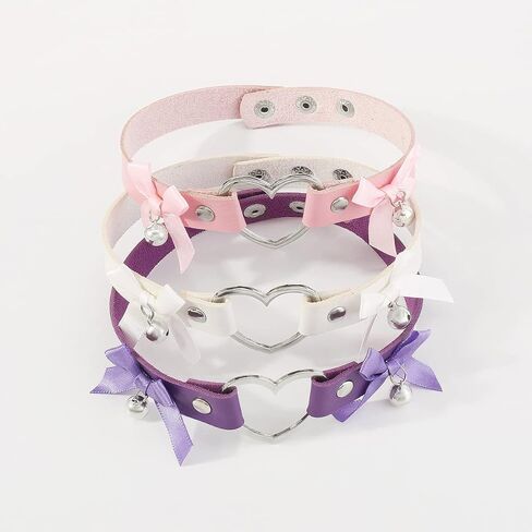 Gothic Leather Heart Choker Necklace Bell Bow-knot Pendant Choker Punk Collar Necklace Hollow Heart Statement Necklace for Women (Purple) in Kuwait