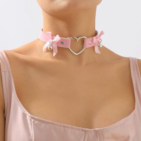 Gothic Leather Heart Choker Necklace Bell Bow-knot Pendant Choker Punk Collar Necklace Hollow Heart Statement Necklace for Women (Purple) in Kuwait