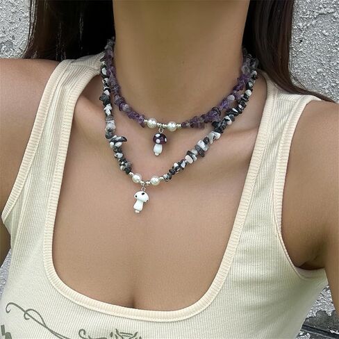 Mushroom Necklace for Women Amethyst Choker Necklace Purple/Brown Necklaces Trendy Jewelry in Saudi Arabia