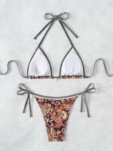 Women's Floral Printed Bathing Suit Halter Paisley Summer Swimsuit Bikinis Set Yellow XS in Kuwait