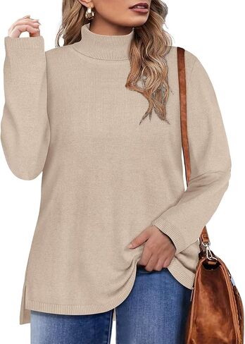 CARCOS Plus Size Sweaters for Women Solid Turtleneck Sweater Long Sleeve Pullover Tops Casual Split Hem Knit Shirts in Saudi Arabia