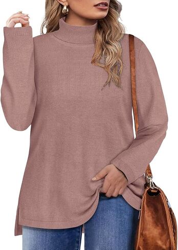 CARCOS Plus Size Sweaters for Women Solid Turtleneck Sweater Long Sleeve Pullover Tops Casual Split Hem Knit Shirts in Saudi Arabia