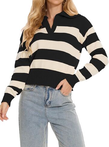 Women's Polo Collared Cropped Petite Casual Striped Knit Sweater Tops for Fall Winter in Saudi Arabia
