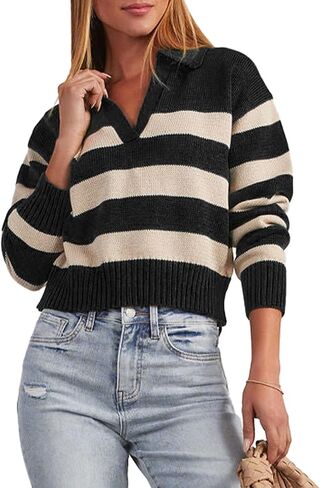 Women's Polo Collared Cropped Petite Casual Striped Knit Sweater Tops for Fall Winter in Saudi Arabia