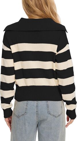 Women's Polo Collared Cropped Petite Casual Striped Knit Sweater Tops for Fall Winter in Saudi Arabia