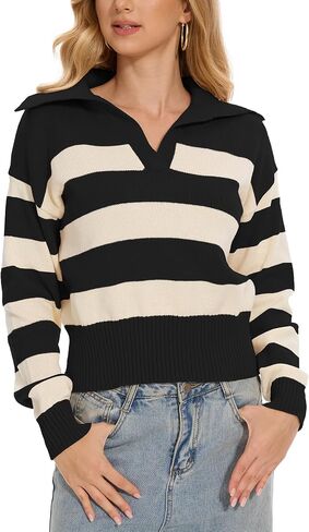 Women's Polo Collared Cropped Petite Casual Striped Knit Sweater Tops for Fall Winter in Saudi Arabia