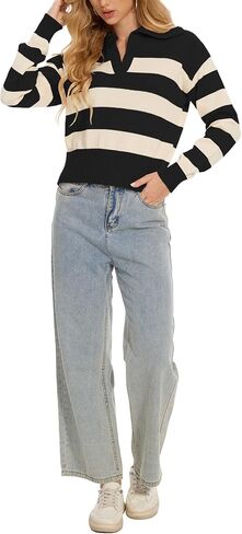 Women's Polo Collared Cropped Petite Casual Striped Knit Sweater Tops for Fall Winter in Saudi Arabia