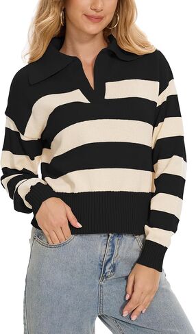 Women's Polo Collared Cropped Petite Casual Striped Knit Sweater Tops for Fall Winter in Saudi Arabia