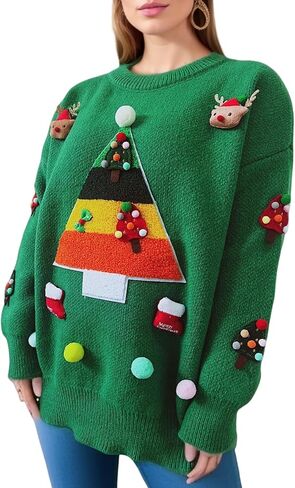 Wyeysyt سترة عيد الميلاد القبيحة للنساء مضحك عيد الميلاد Crewneck متماسكة البلوز القمم شجرة تخزين الأيائل متماسكة البلوز العلوي in Kuwait