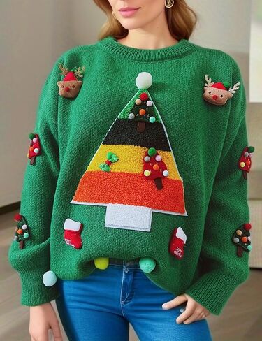 Wyeysyt سترة عيد الميلاد القبيحة للنساء مضحك عيد الميلاد Crewneck متماسكة البلوز القمم شجرة تخزين الأيائل متماسكة البلوز العلوي in Kuwait