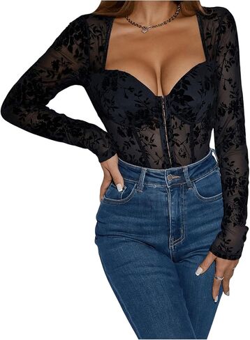 SHENHE Women's Floral Sweetheart Neckline Sheer Mesh Long Sleeve Sexy Bustier Bodysuit in Saudi Arabia