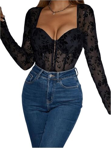 SHENHE Women's Floral Sweetheart Neckline Sheer Mesh Long Sleeve Sexy Bustier Bodysuit in Saudi Arabia