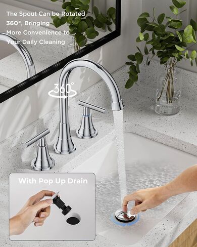 FORIOUS Matte Black Bathroom Faucets 3 Hole, 8 inch Widespread Bathroom Faucet with Pop-up Drain, 2-Handle Vanity Faucet for Bathroom Sink with 360 Degree Swivel Spout in Kuwait
