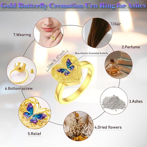 SOULMEET Personalized 10K 14K 18K Gold Enamel Butterfly Rings for Ashes Gold Butterfly Locket Urn Ring Keepsake Memorial Jewelry Cremation Rings for Women in Saudi Arabia