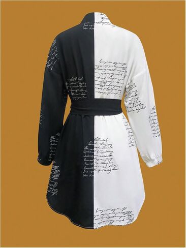 WDIRARA Women's Contrasting Random Slogan Print Collar Neck Long Sleeve Button Down Short Dress in Saudi Arabia