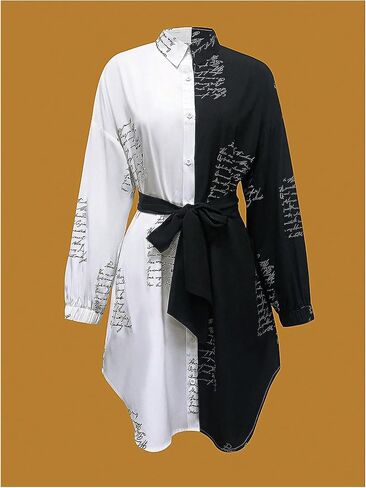 WDIRARA Women's Contrasting Random Slogan Print Collar Neck Long Sleeve Button Down Short Dress in Saudi Arabia