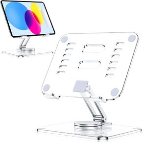 CreaDream Acrylic Tablet Stand Holder with 360 Rotating Base, Foldable Adjustable Transparent Tablet Holder for Desk Home Office, Compatible with iPad Pro Air Mini and More, Clear