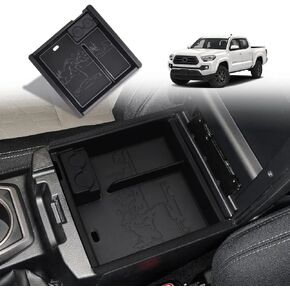 for 2023 Tacoma Center Console Organizer with Leather Trim Inserts Compatible with Toyota Tacoma 2016 2017 2018 2019 2020 2021 2022 2023 Armrest Storage Box (Leather Black)