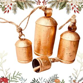4pc Decorative Rustic Bells Set Shabby Chic Vintage Bell Brass Coated Country Style Cowbell Jute Rope Wall Hanging Harmony Giant Cow Bells Lucky Charm Christmas Bell (4X Harmony Bells 4"-6"-8"-10")