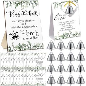 50 Sets Wedding Party Favors Including 1 Ring The Bells Wood Sign 50 Mini Silver Kissing Bells with 50 Seating Place Cards and Twist Ties Wedding Reception Gifts Thank You Gift for Guest