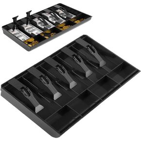 Cash Tray Cash Register Drawer Insert Tray,5 Bill & 4 Coin Compartments, Durable ABS Money Storage Case, Spring Clip Money Organizer for Banks Supermarkets Stores