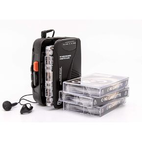 GPO Portable Retro Personal Cassette Player/Recorder with Built-in Speaker & Microphone, FM Radio, 3.5mm Headphone Jack, Earphones Included - Black