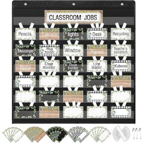 Classroom Jobs Pocket Chart with 96 Cards and 3 Hooks Class Management Educational Schedule for Teacher Back to School Supplies(Blackboard)