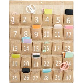 Juvale 30-Row Burlap Cell Phone Holder for Classroom, Farmhouse Designed White Numbered Hanging Pocket Organizer for Mobile Phones, Calculator Caddy, Organization (23x31 in)