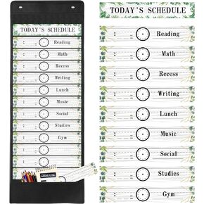 Tatuo Daily Schedule Pocket Chart Classroom Pocket Charts with Reusable Cards and 14 Pockets Farmhouse Classroom Supplies Greenery Schedule Charts for School Office Home Educational Activity(31 Pcs)