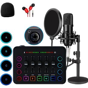 Gaming Audio Mixer, Podcast Equipment Bundle with XLR Microphone Interface, 48V Phantom Power Condenser Microphone, 4 Customize Sound Board for Podcast Recording, Streaming, Youtube, PC, Smartphone