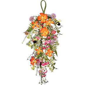 Reg 22 بوصة أزهار الصيف وBumble Bee Floral Teardrop Swag - أزهار صناعية صفراء ووردية وبرتقالية وبيضاء in Kuwait