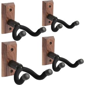 Guitar Wall Mounts 4 Pack,Guitar Hangers Hooks Bracket Holders for Acoustic and Electric Guitars Bass Banjo Mandolin, Black Walnut Wood Base.