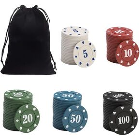 Poker Chips 100PCS Plastic Poker Chips Set 5 Colors for Home Game Poker Nights Party Card Club or Late Night Poker Games Supplies