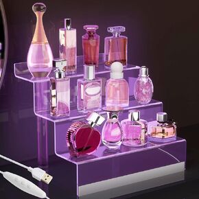 12" Acrylic Display Organizer with LED Light - 3 Tier Perfume Stand and Display Step Shelves Holder, Cologne Organizer for Men, Figures Stand, Porta Perfumes Para Tocador, Clear Riser, Dessert Shelf
