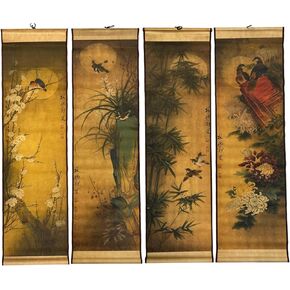 4PCS/Set Wall Scroll Hanging Painting Decor, Ancient Painting Replica Vintage Flowers and Birds Paintings, Plum Orchid Bamboo Chrysanthemum Bird