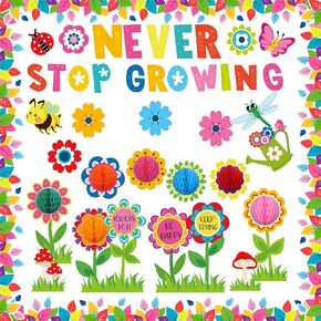 90 Pcs Spring Bulletin Board Decorations Set Classroom Flowers Bulletin Board Never Stop Growing Cutouts Inspirational Quotes Cards Wall Decals for School Chalkboard Supplies