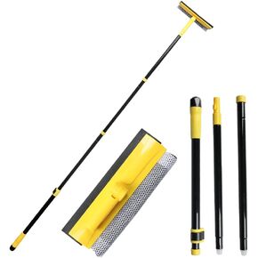 Long Handle Window Squeegee,2-in-1 Glass Squeegee Have 63" Adjustable Soft Rubber Blade & 10" Absorbent Sponge Head for Car Windshield, Gas Station, Shower and Glass.