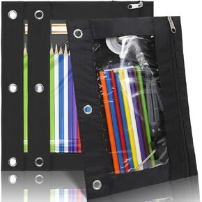 YoeeJob 3 Pack Pencil Pouch for 3 Ring Binder, Black Binder Pencil Bags with Zipper, Three Pen Holder Case with Clear Window Suitable for School and Office