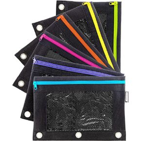 BAZIC Pencil Pouch 3 Ring Binder Pouch w/Rivet Enforced Rings Holes, Neon Black Color Mesh Window Zipper Pouches, 24-Pack
