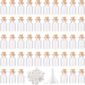48pcs 2ml Mini Glass Jars with Cork Stoppers Eye Screws Funnel,Small Glass Bottles Tiny Vials for Arts Crafts DIY Projects Wedding Party Favors