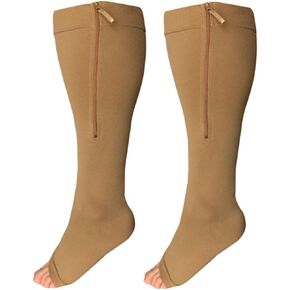 Runee Wide Calf Zipper Compression Socks, Open Toe, Extra Calf Support