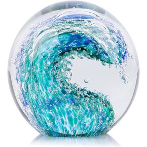 Hand Blown Glass Ocean Waves Glass Ball Beach Office Decor, Blue Glass Paperweight Ideal Beach Decorations for Home, Suitability Seaside Villa Aquarium Ocean Lover's Gift