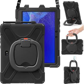 حافظة BRAECN لهاتف Samsung Galaxy Tab Active4 PRO 2022/Galaxy Tab Active PRO 10.1 بوصة 2019، غطاء سيليكون واقٍ متين شديد التحمل مع مسند دوار 360 درجة ومقبض، حزام كتف، أسود