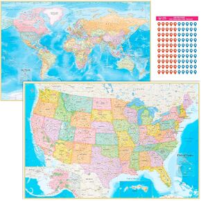 AquaShield Double-Sided World and USA Map Waterproof Tow Wall Map Set 24x36 - Folded Edition with (Pin Stickers)