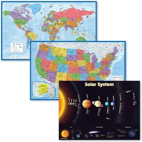 3 Pack - World & USA Maps + Solar System Poster Set [BLUE] (LAMINATED, 18" x 29")