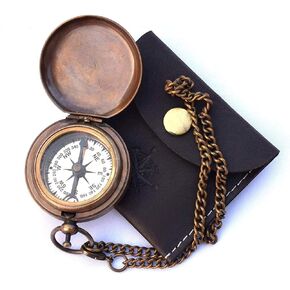 Handmade Nautical Brass Push Open Compass On Chain with Leather Case, Pocket Compass, Gift Compass Rustic Vintage Home Decor Gifts